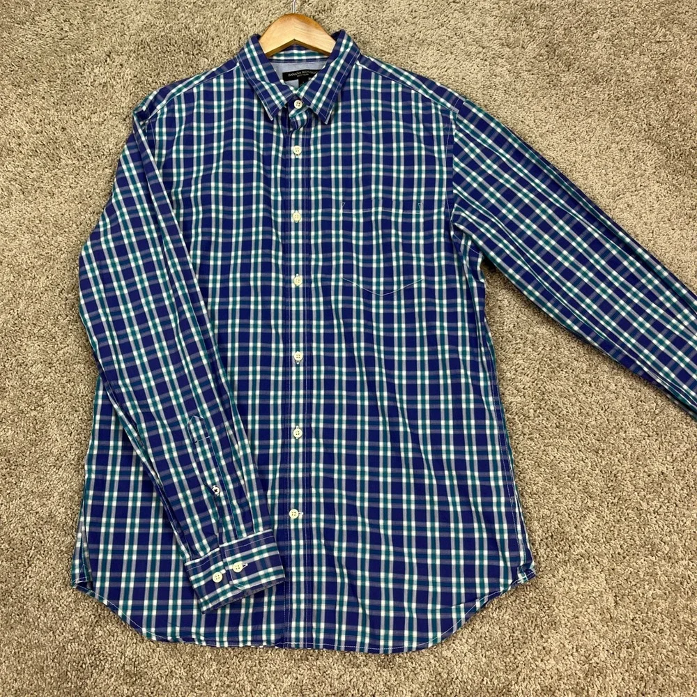 Banana Republic Button Down Shirt Mens Large Purple Plaid Long Sleeve Flip Cuffs